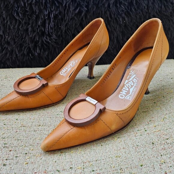 Vintage Salvatore Ferragamo Women Heel Sandal Shoe Leather Upper made Italy 4C - Picture 1 of 10